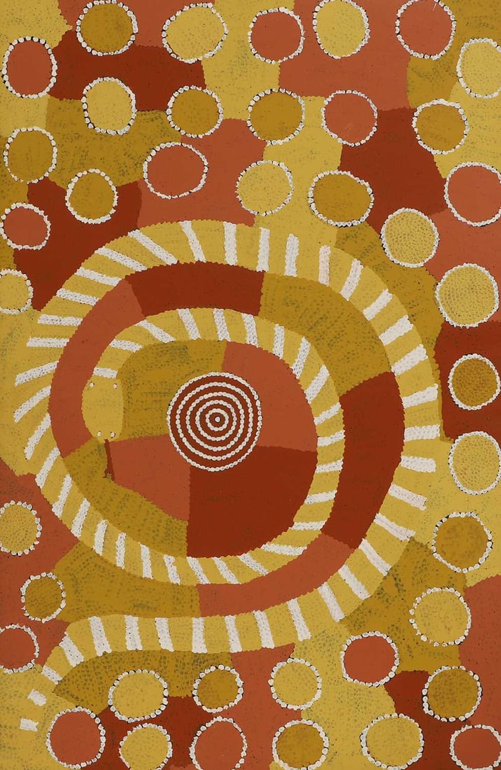 Billy Stockman Tjapaltjarri (Australian, circa 1927-2015) Serpent: Billy Stockman Tjapaltjarri (Australian, circa 1927-2015) Serpent signed, inscribed and dated 'BILLX STOCKMAS/CSCA/97' verso, acrylic on canvas 131 x 84cm; framed 140 x 94cm Condition Report: The