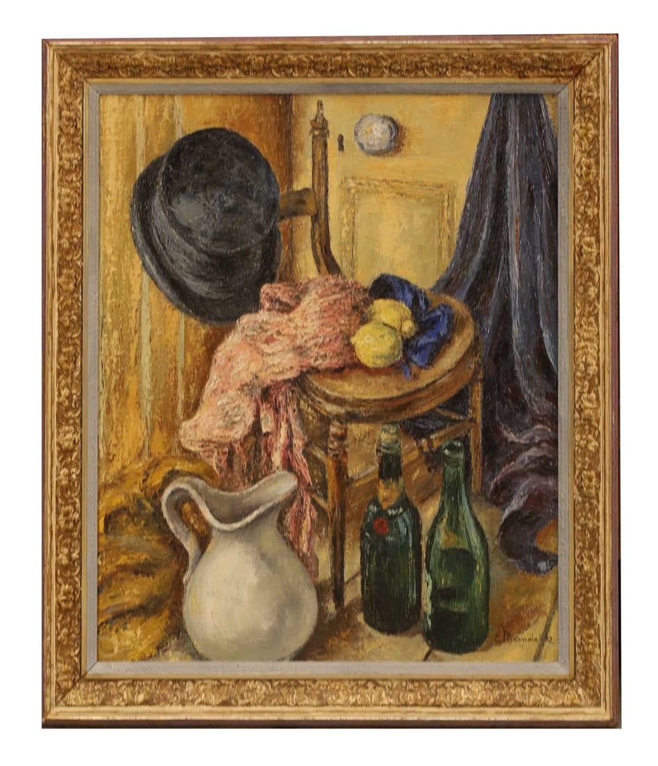 E Mandelik,: E Mandelik, interior with chair bottles and jug oil on canvas