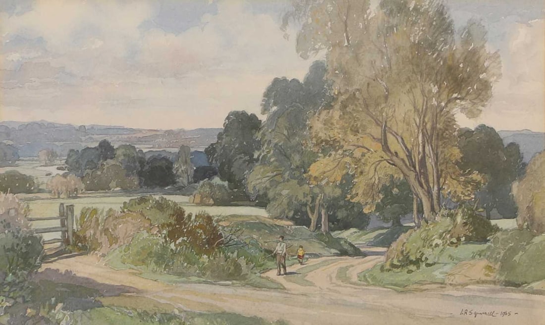 Leonard Squirrell (British, 1893-1979) 'Lane into Dedham Vale': Leonard Squirrell (British, 1893-1979) 'Lane into Dedham Vale' signed and dated 'L R Squirrell 1965' l.r., watercolour 24.5 x 40.5cm; framed 48.5 x 65cm Footnote: Exhibited: Royal Society of Painters