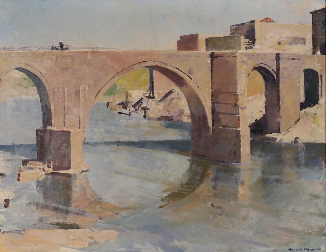 Harald Hansen (Danish, 1890-1967) A view of a bridge: Harald Hansen (Danish, 1890-1967) A view of a bridge signed and dated 'Harald Hansen '61' l.r., oil on canvas 91 x 116cm; framed 101 x 126cm Condition Report: A little discolouration to the sky. A