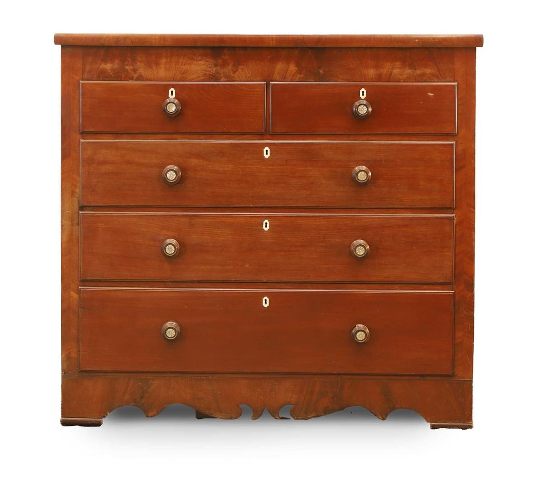 A Victorian mahogany chest, late 19th century / early 20th century,: A Victorian mahogany chest, late 19th century / early 20th century, of two short over three long drawers, with bone escutcheons and mother of pearl inlaid handles 126cm wide, 53cm deep, 119cm high