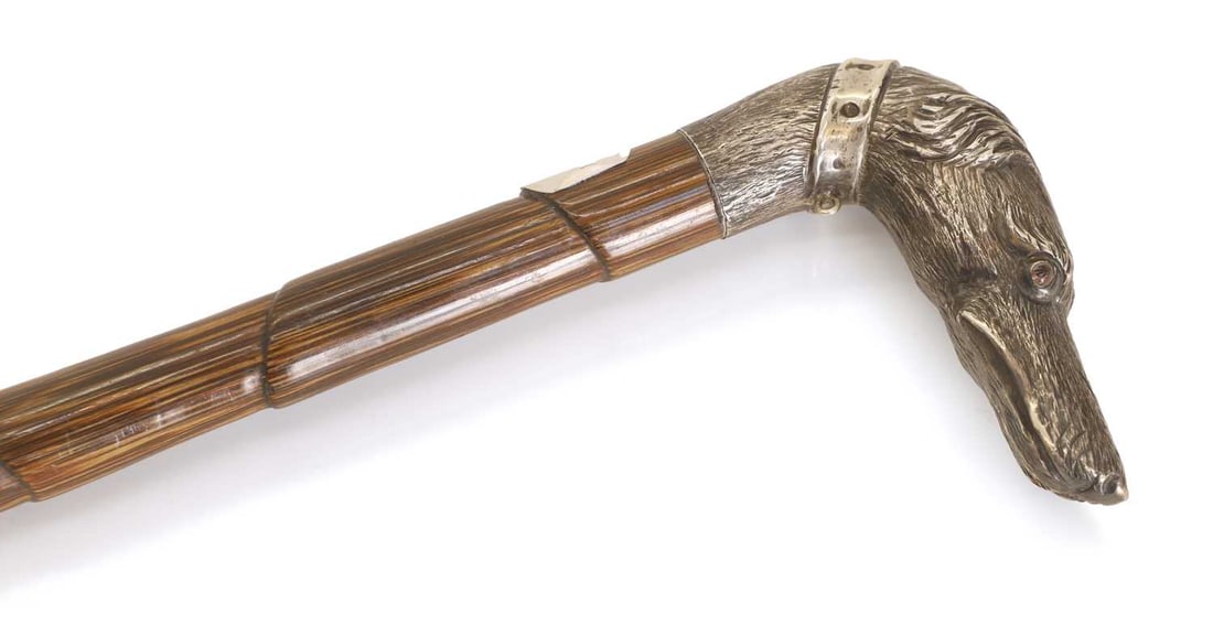 A silver-mounted dog's head walking cane, possibly by Thomas William Dee, London, 1897, - 2