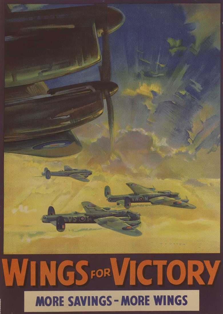 A WWII National Savings poster, 'Wings For Victory - More Savings More Wings',: A WWII National Savings poster, 'Wings For Victory - More Savings More Wings', the art work by Frank Wootton (1914-1998), with flying Lancaster bombers, printed by Johnson, Riddle & Co. Ltd