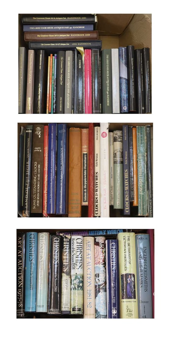 A collection of antique reference books and catalogues: A collection of antique reference books and catalogues approx. fifty, to include a series of Grosvenor House Art & Antiques Fair handbooks, 1990s and 2000s, Christies reviews, and a collection of 