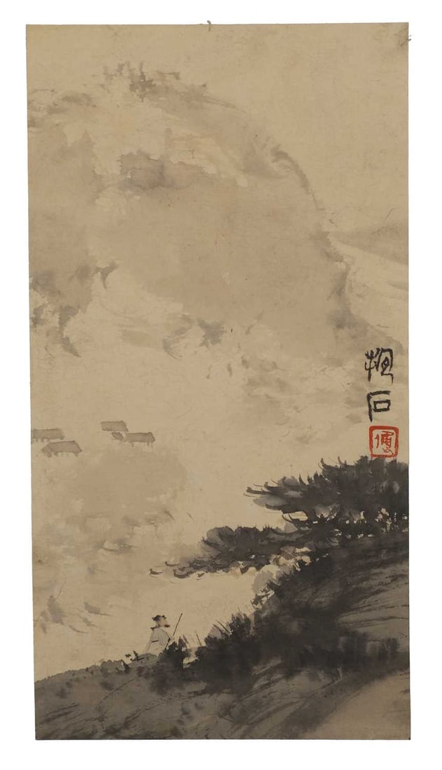 A Chinese gouache painting, 20th century,: A Chinese gouache painting, 20th century, after Fu Baoshi, painted with a traveller walking with a staff in a windy field, signed with an artist's seal, ink and colour on paper 34 x 16cm Condition