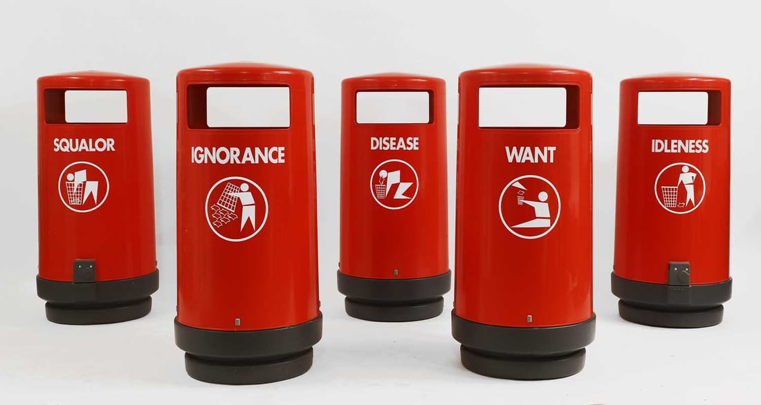 Michael Landy RA (b.1963) 'Disease, Idleness, Ignorance, Squalor, Want': Michael Landy RA (b.1963) 'Disease, Idleness, Ignorance, Squalor, Want' five plastic bins with plastic labels 98cm high 5 Footnote: Michael Landy explores political and social issues in his artwork,