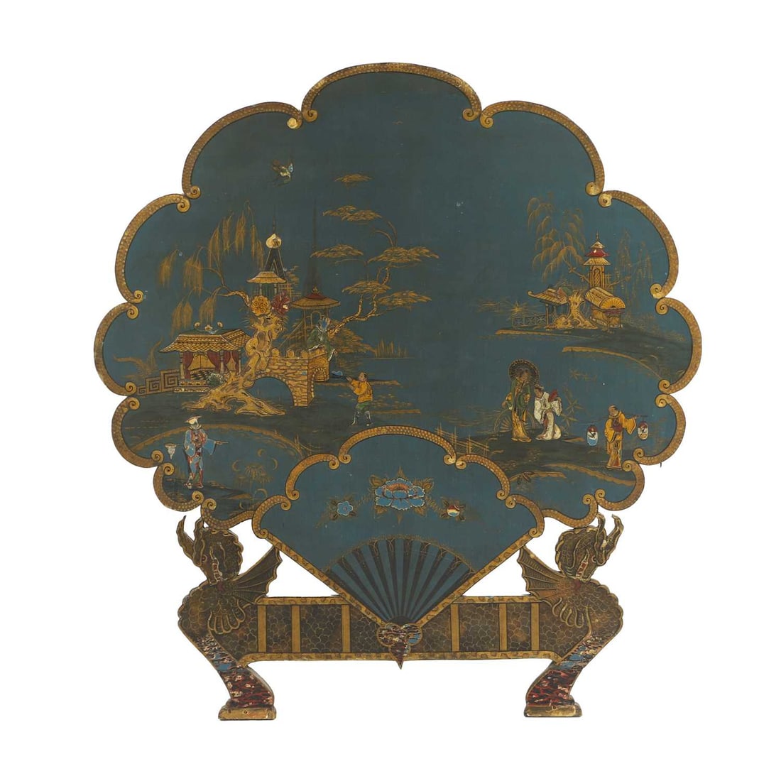 A painted and lacquered chinoiserie panel,: A painted and lacquered chinoiserie panel, 20th century, of fan shape, the pierced fret cut base modelled as dragons 76cm wide, 83cm high Condition Report: With losses and wear. Wire suspension.