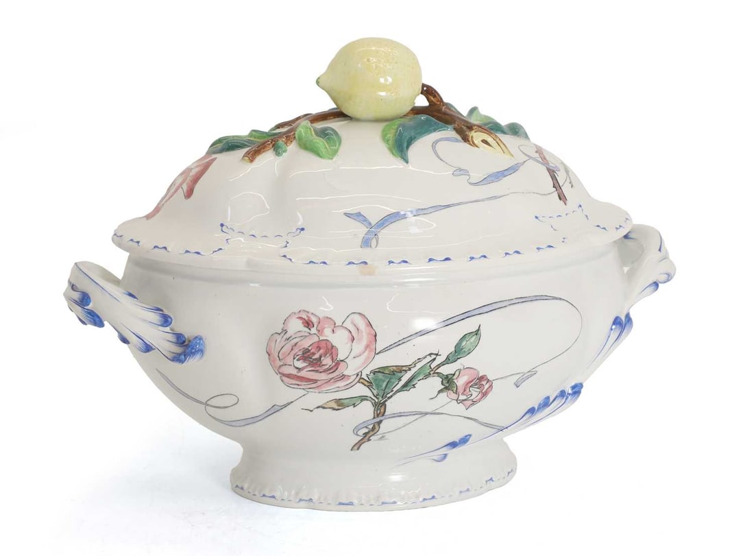 A Haviland & Co French tureen,: A Haviland & Co French tureen, after Felix Bracquemond for Francois Rousseau, made by the Creil et Montereau factory, decorated with roses and a lemon finial, Fleurs et Rubans, with impressed and stam