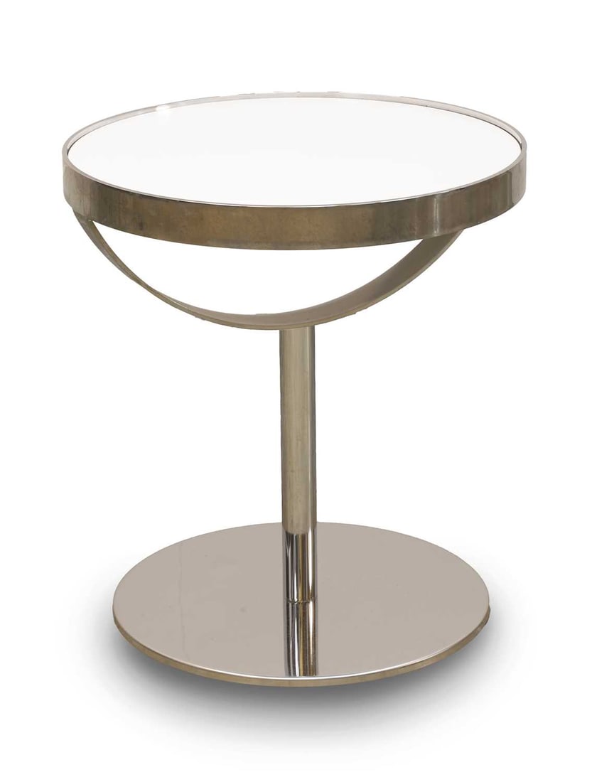 A contemporary side table, of recent manufacture,: A contemporary side table, of recent manufacture, the white formica circle top inset to a chromed metal frame, raised on a circle base 44cm diameter, 48cm high Condition Report: Overall the table
