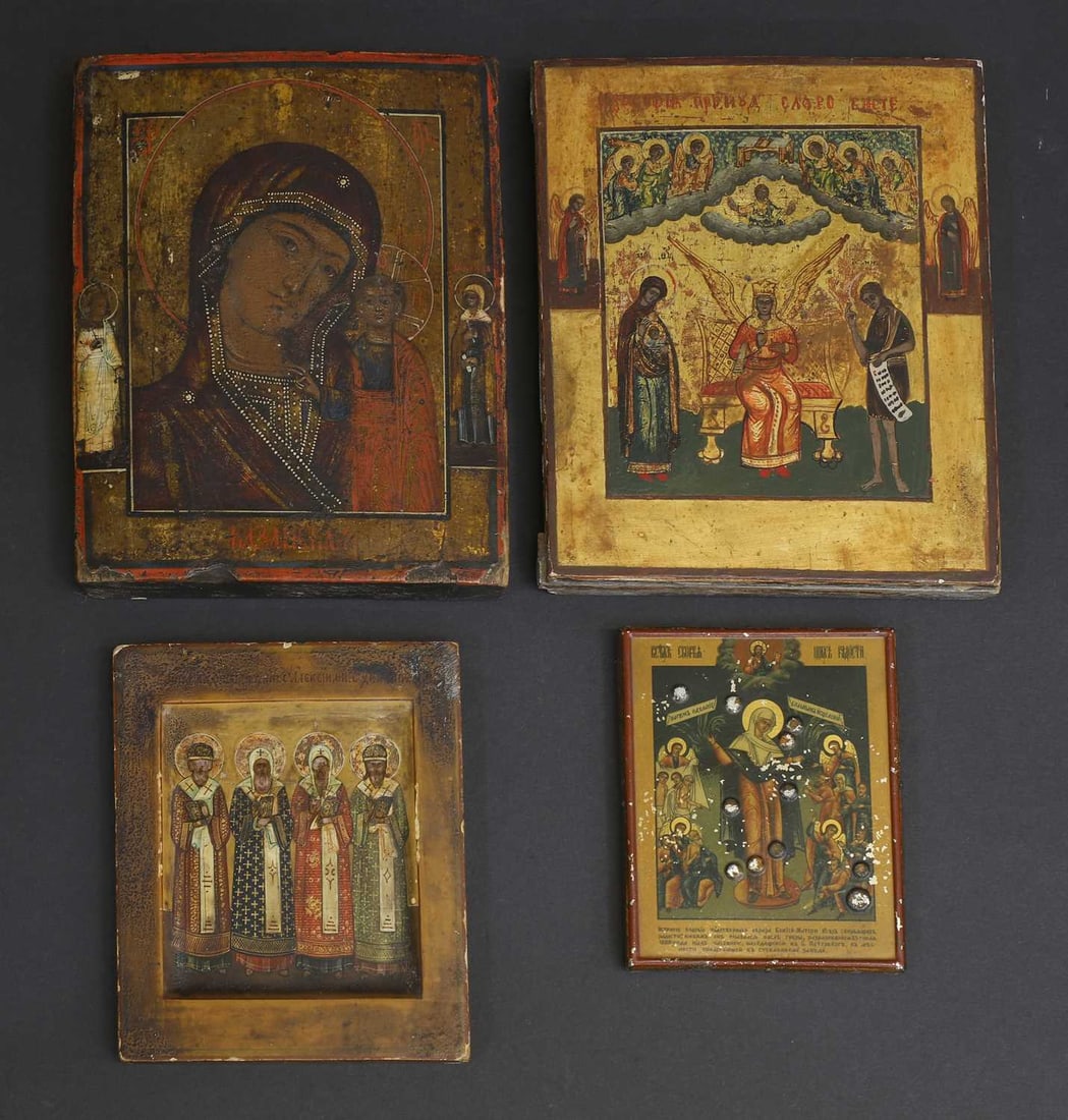 A collection of four miniature Eastern Orthodox icons, late 19th/early 20th century,: A collection of four miniature Eastern Orthodox icons, late 19th/early 20th century, tempera on panel, depicting the Mother of God with Christ Child, four saints, 'Joy of All Who Sorrow' and Sophia,