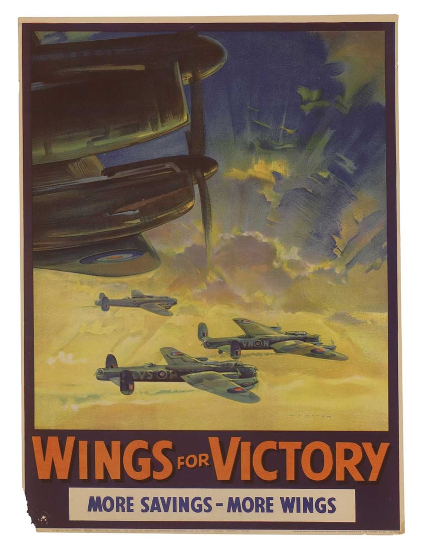 A WWII National Savings poster, 'Wings For Victory - More Savings More Wings',: A WWII National Savings poster, 'Wings For Victory - More Savings More Wings', the art work by Frank Wootton (1914-1998), with flying Lancaster bombers, printed by Johnson, Riddle & Co. Ltd 75.5