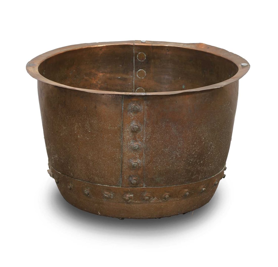 A riveted copper copper, 19th century,: A riveted copper copper, 19th century, of traditional form with rivets to the side 49.5cm wide, 32cm high Condition Report: Some rust and oxidation to the interiors and exterior. A collection of dust