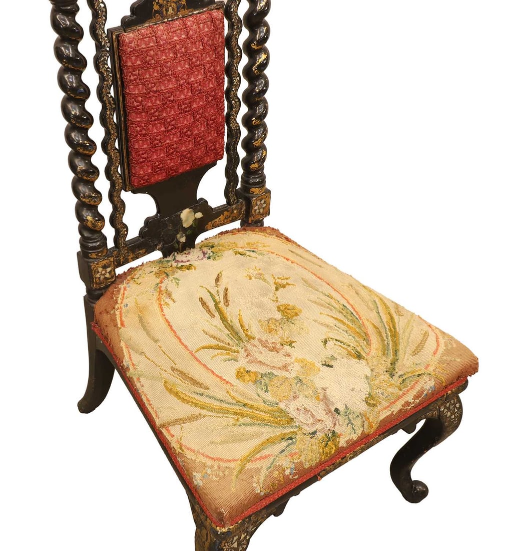 A Victorian ebonised and mother of pearl inlaid nursing chair, early 20th century, - 2