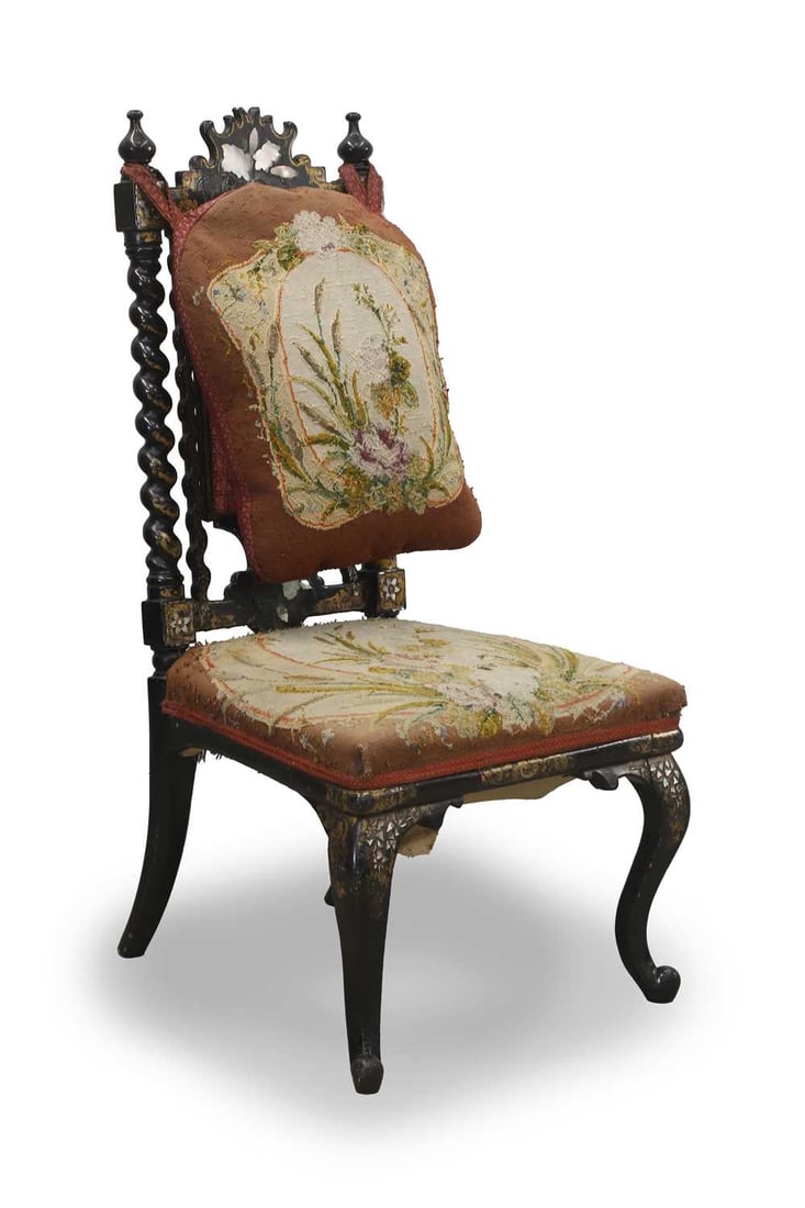 A Victorian ebonised and mother of pearl inlaid nursing chair, early 20th century, - 3