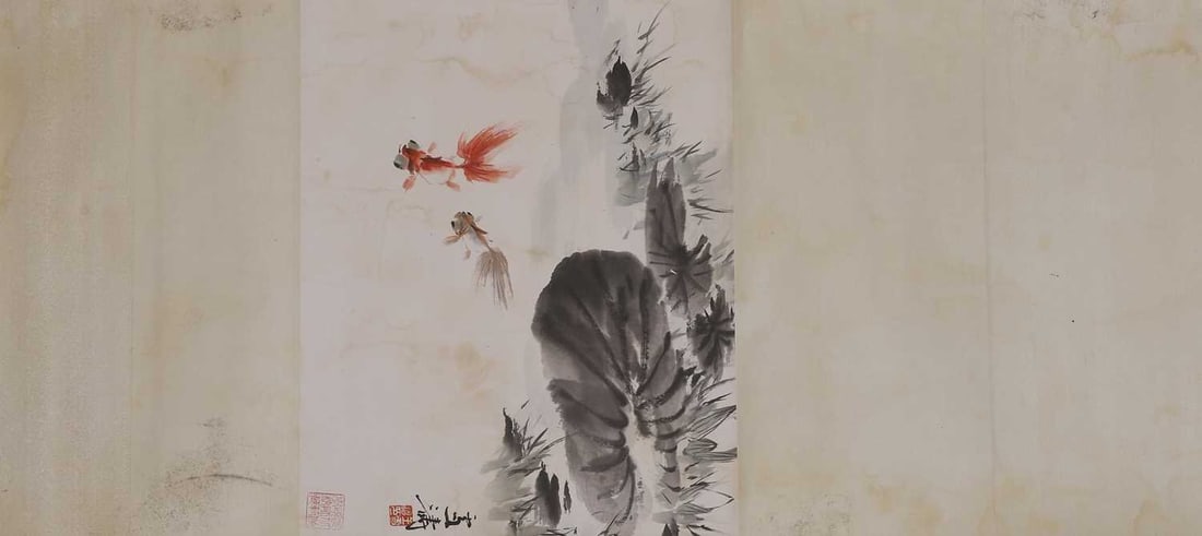 A Chinese hanging scroll, 20th century,: A Chinese hanging scroll, 20th century, after Wang Xuetao, painted with two goldfish in a lotus pond, signed with an artist's seal, ink and colour on paper 33.5 x 45cm Condition Report: Staining, foxi
