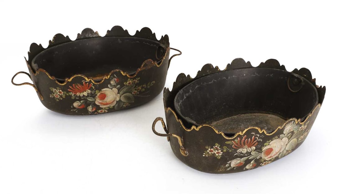 A pair of decorated toleware chestnut baskets, 19th century, - 2