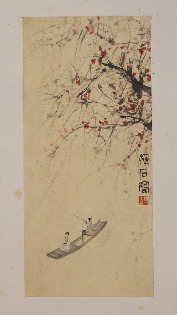 A Chinese gouache painting, 20th century,: A Chinese gouache painting, 20th century, after Fu Baoshi, painted with a literatus seated on a boat, accompanied with an attendant punting, under a blossoming tree, signed with an artist's seal, ink