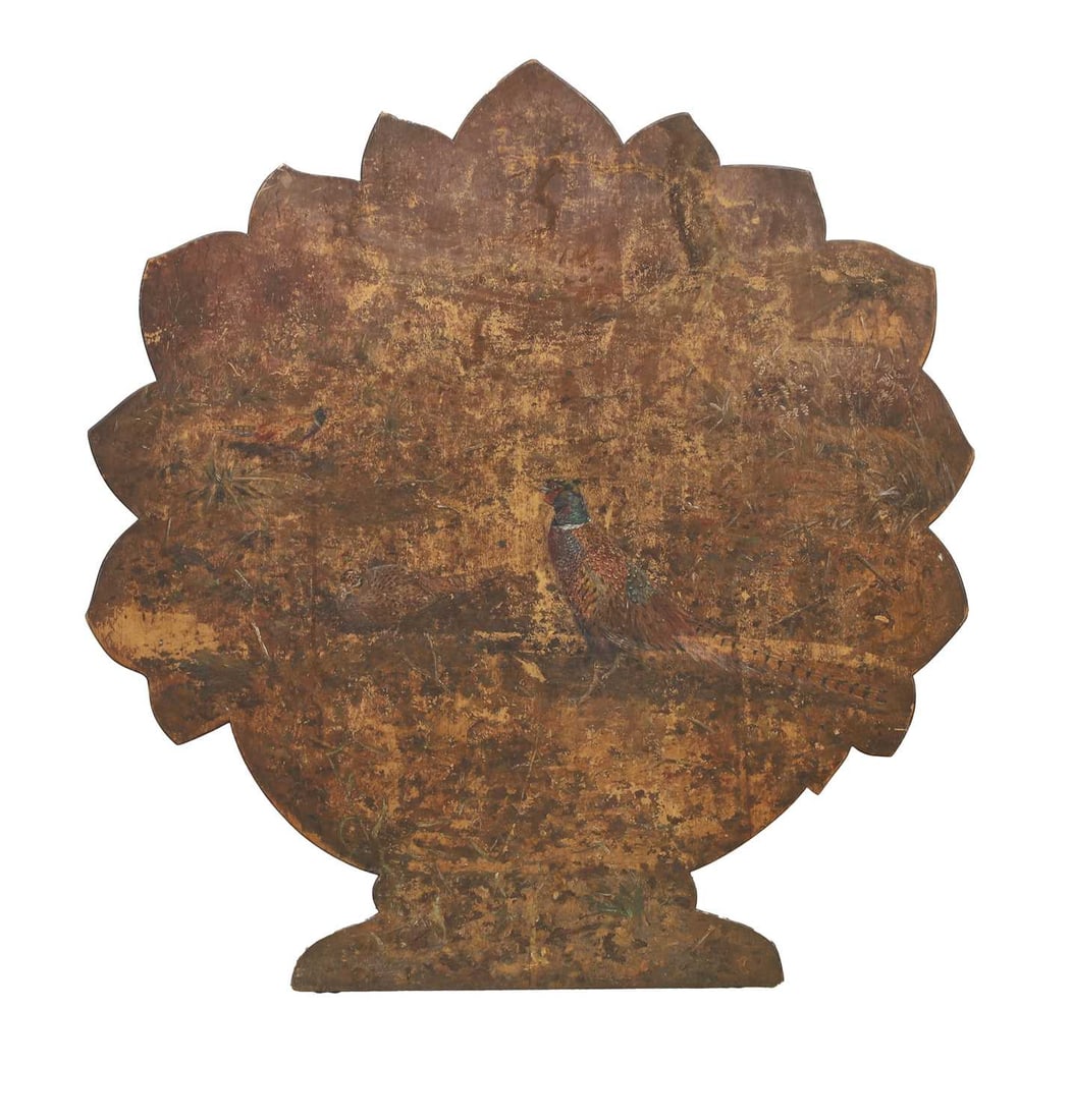 A painted wooden dummy board, early 20th century,: A painted wooden dummy board, early 20th century, shaped as a flower with a pair of pheasants to the main field 79cm wide, 84.5cm high Condition Report: Browning to the paint. Fading to the gilding.