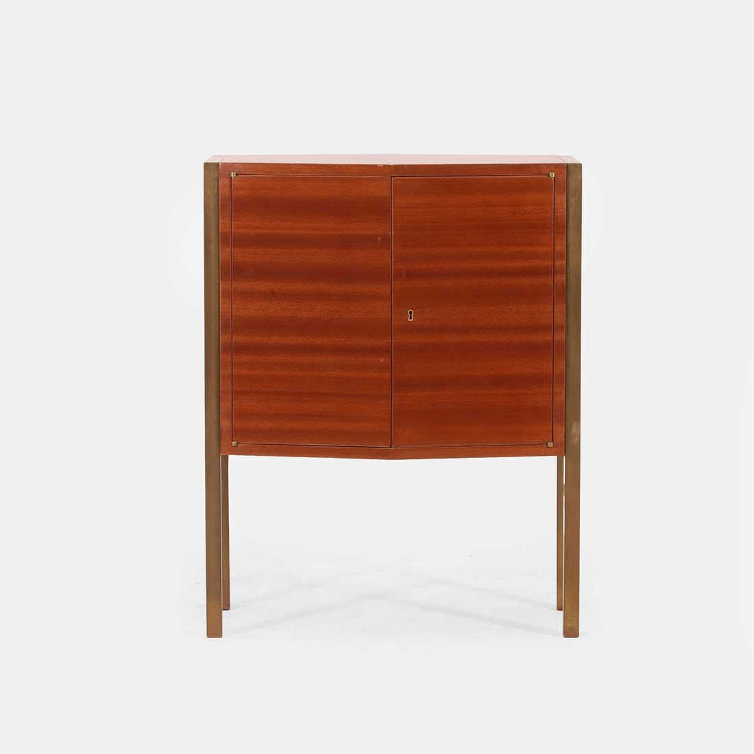Italian, a walnut side cabinet,: Italian, a walnut side cabinet, circa 1970, Italian, of angular form with brass supports 72cm wide, 44.5cm deep, 92.5cm high