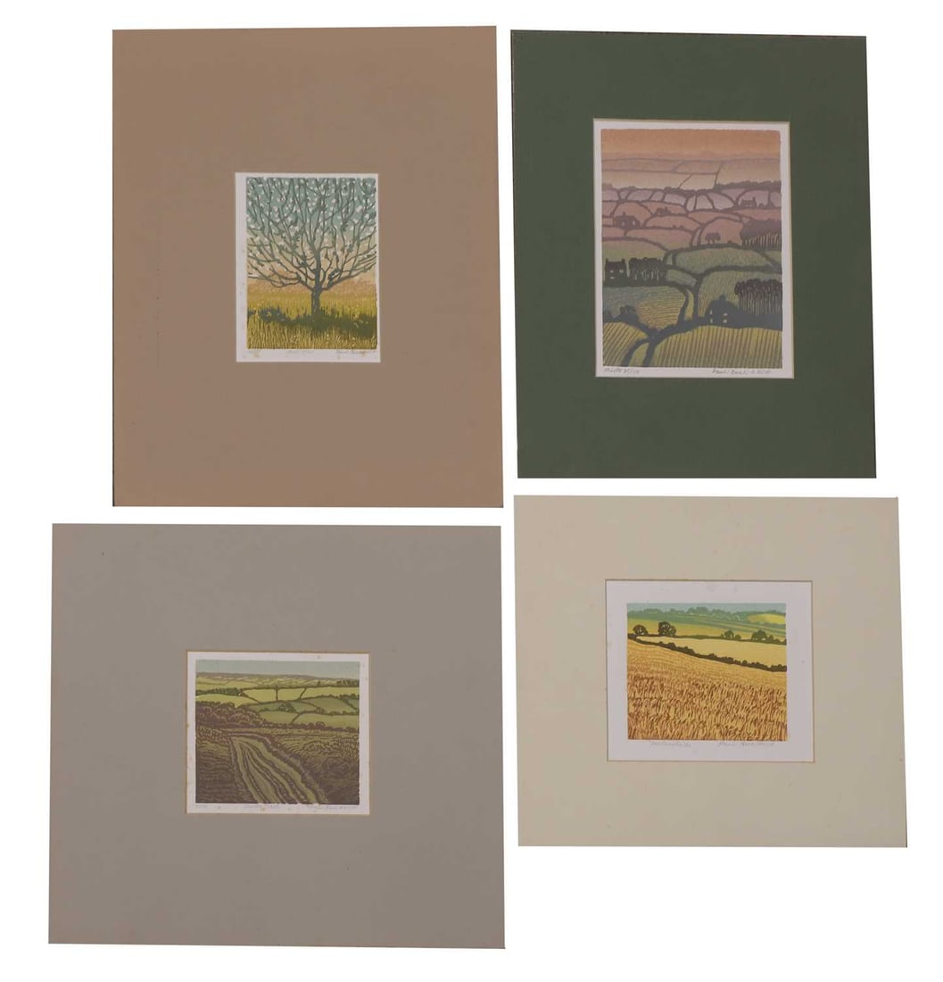 Paul Beck, (b.1922): Paul Beck, (b.1922) Four small linocut landscapes: `Mists 31/100` `Apple Tree 24/100` `The Cornfields`, and `The Old Track 22/100` individually mounted 10.5x12.5cm, 10x12cm, 12.5x10cm, 17.5x14cm
