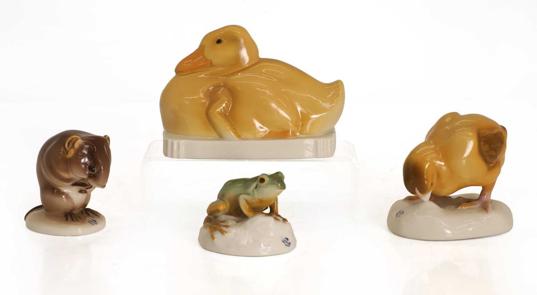 A collection of Nymphenburg porcelain animals, early 20th century and later,: A collection of Nymphenburg porcelain animals, early 20th century and later, comprising a chick, designed by Anna Soennecken-Beckmann, model no. 295, naturalistically modelled and decorated in