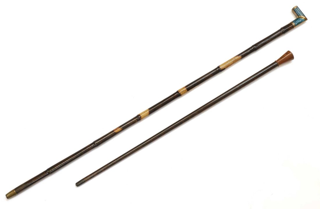 A turquoise and brass-mounted walking cane,: A turquoise and brass-mounted walking cane, with a bamboo style shaft, stamped 'Antique Palais Royal' and a turned treen cane 88cm and 63cm long 2 Condition Report: Fair