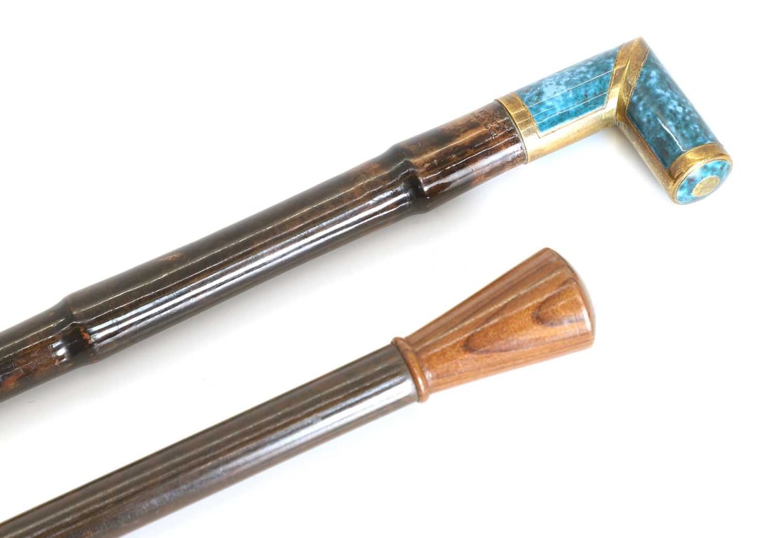A turquoise and brass-mounted walking cane, - 2