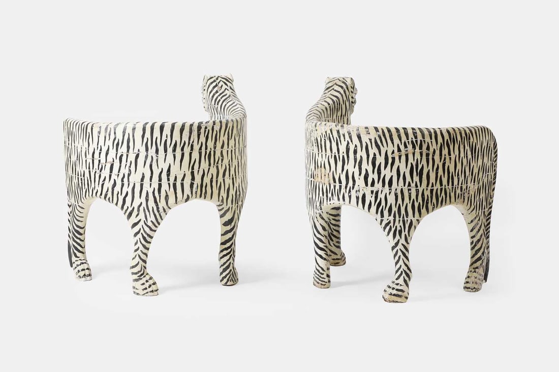 A pair of painted wooden and papier mâché tiger chairs, of recent manufacture, Indian, - 2
