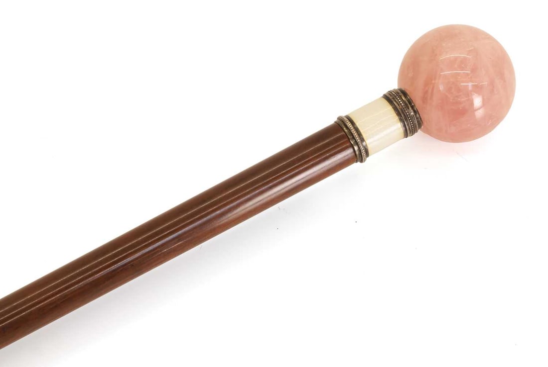 A pink quartz sphere mounted and enamelled walking cane, probably Austro-Hungarian, circa 1890-1900, - 2