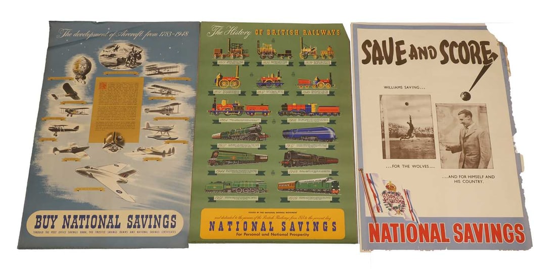 Two National Savings posters, 'The Development of Aircraft from 1783-1948' and 'The History Of Briti: Two National Savings posters, 'The Development of Aircraft from 1783-1948' and 'The History Of British Railways', WFP 700 and SP345, together with another 'Save And Score - Williams Saving for the