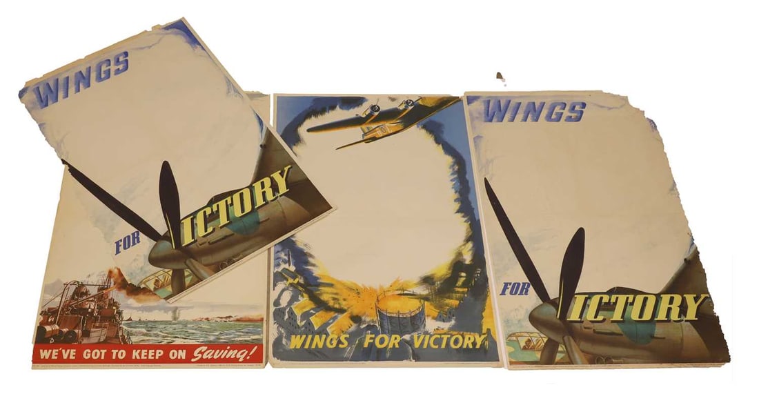 Five WWII National Savings posters, 'Wings For Victory', 'We've Got To Keep On Saving', and 'Keep On (1 of 2)