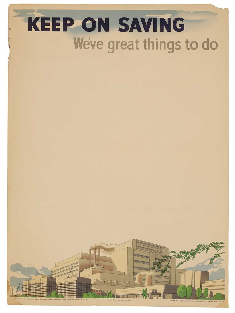 Five WWII National Savings posters, 'Wings For Victory', 'We've Got To Keep On Saving', and 'Keep On - 2