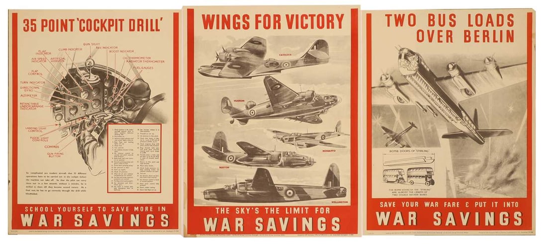 Three WWII National Savings posters, 'Wings For Victory', 'Two Bus Loads Over Berlin' and '35 Point (1 of 1)