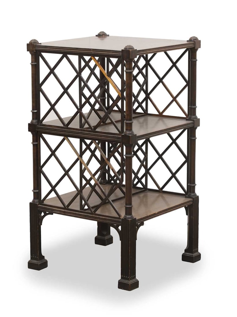 A George III-style mahogany étagère 19th century,: A George III-style mahogany étagère 19th century, with lattice side panels as well as splitting to the interior shelves, over straight fluted square supports 37.5cm wide, 70cm high