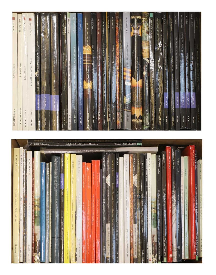 A collection of Sotheby's, Christie's, and Phillip's auction catalogues mainly 1980s and 1990s: A collection of Sotheby's, Christie's, and Phillip's auction catalogues mainly 1980s and 1990s aprox ninety examples, to include Sothebys, 'Property from the Collection of Mr and Mrs Raymond Slater,