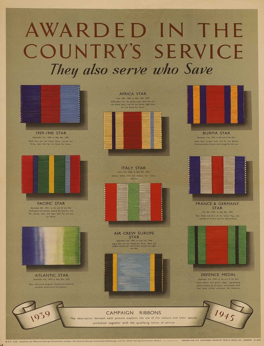 A WWII National Savings poster, 'Awarded In The Country's Service - They Also Serve To Save',: A WWII National Savings poster, 'Awarded In The Country's Service - They Also Serve To Save', WFP 529, printed by Fosh & Cross Ltd., London 76 x 50.5cm Condition Report: Fold and looses to the