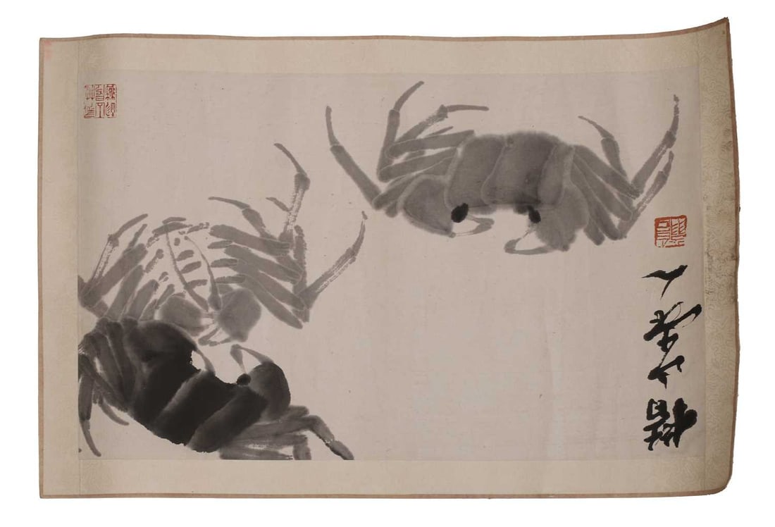 A Chinese gouache painting, 20th century,: A Chinese gouache painting, 20th century, after Qi Baishi, of crabs, signed with an artist's seal, ink on paper 25.5 x 40.5 Condition Report: Foxing, staining, creasing and dirt marks in various