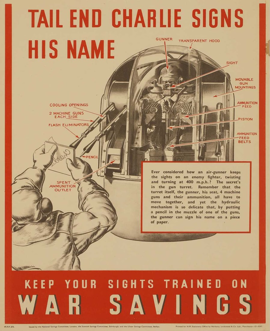 Two WWII National Savings posters, 'Tail End Charlie Signs His Name' and 'Two Bus Loads over Berlin' (1 of 2)