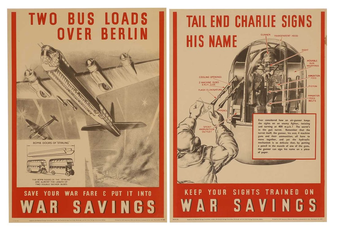 Two WWII National Savings posters, 'Tail End Charlie Signs His Name' and 'Two Bus Loads over Berlin' - 2
