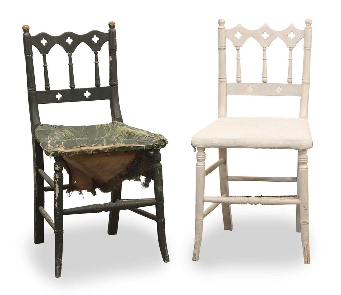 A pair of Gothic revival painted beech side chairs, 19th century, (1 of 2)