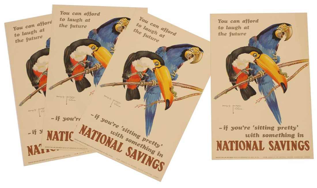 Three WWII National Savings posters, 'You Can Afford To Laugh At The Future - If You're Sitting Pret: Three WWII National Savings posters, 'You Can Afford To Laugh At The Future - If You're Sitting Pretty' SP 77 and 78, artwork by Lawson Wood (1878-1957), three duplicates, one large and two small 76
