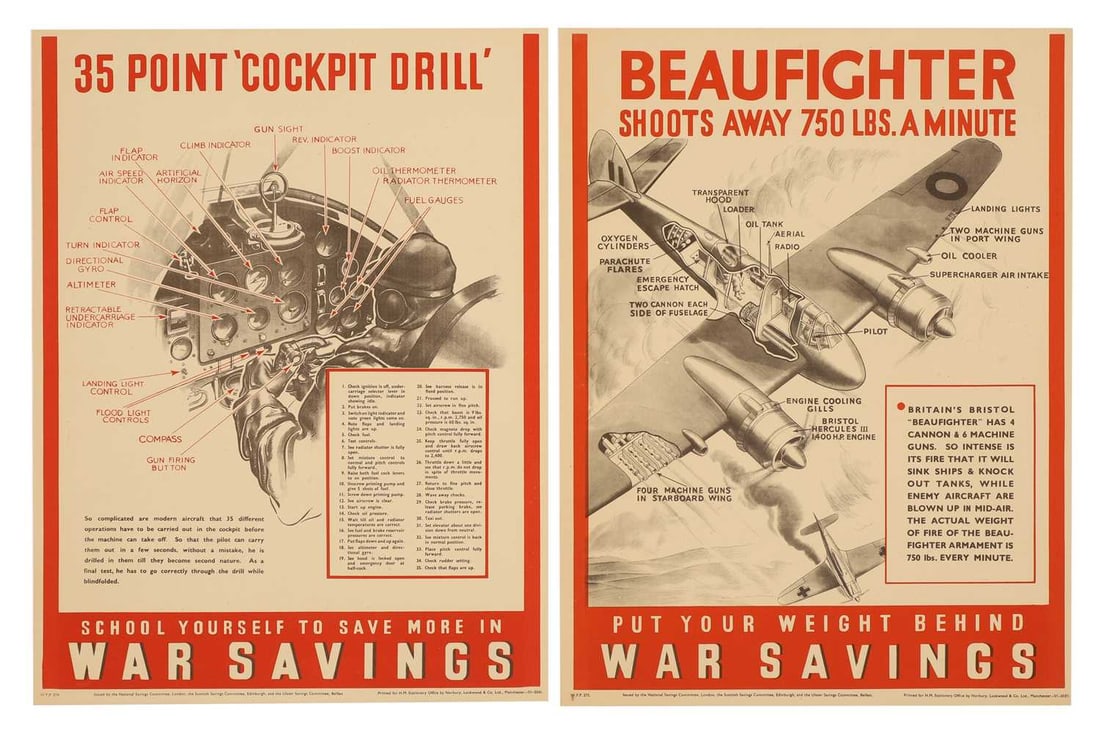 Two WWII National Savings posters, 'Beaufighter Shoots Away 750lbs A Minute' and '35 Point Cockpit D (1 of 1)