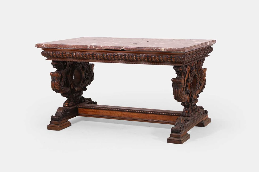 A Renaissance Revival marble and walnut centre table, 19th century, French, (1 of 3)