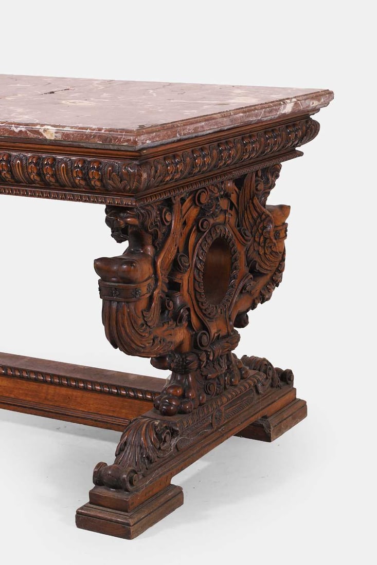 A Renaissance Revival marble and walnut centre table, 19th century, French, - 3