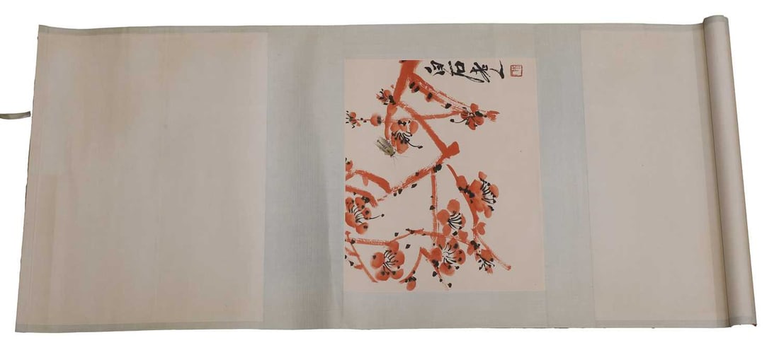 A Chinese hanging scroll, 20th century,: A Chinese hanging scroll, 20th century, after Qi Baishi, painted with a cicada perched on a blossoming prunus branch, signed with an artist's seal, ink and colour on paper 24 x 30cm Condition Report: