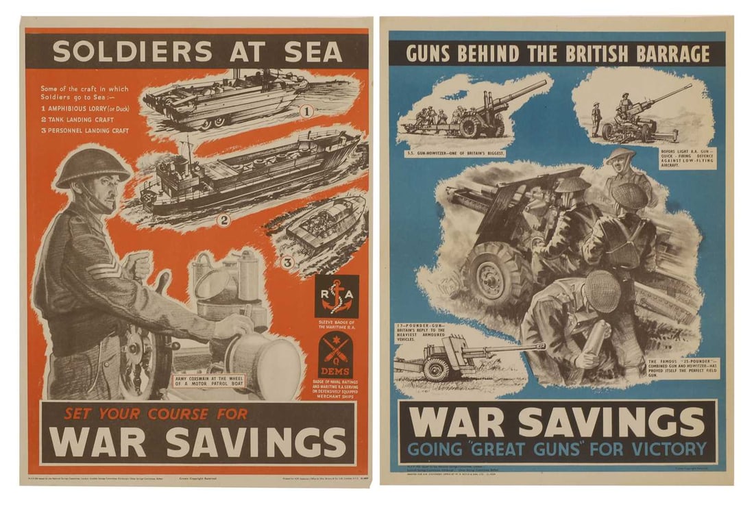 Two WWII National Savings posters, 'Soldiers At Sea' and 'Guns Behind The British Barrage': Two WWII National Savings posters, 'Soldiers At Sea' and 'Guns Behind The British Barrage' WFP 356 and 355, printed by Wm Brown & Co Ltd., and WR Royle & Son Ltd 50.5 x 37.5 cm 2 Condition