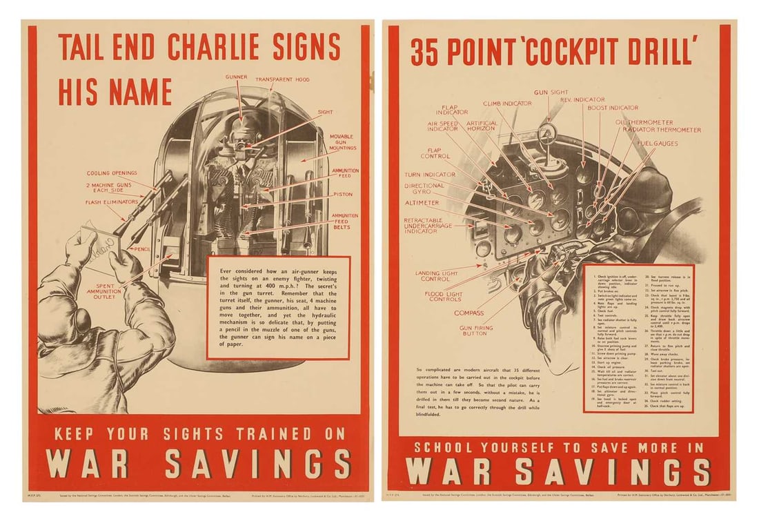 Two WWII National Savings posters, '35 Point Cockpit Drill' and 'Tail End Charlie Signs His Name', (1 of 1)