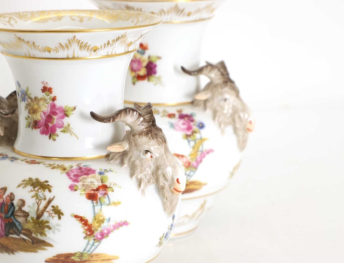 A pair of KPM porcelain ram's head vases 19th century, - 2