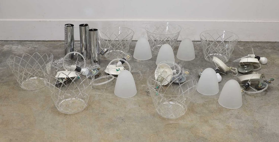 Three Flos Romeo Louis II S2 pendant lights,: Three Flos Romeo Louis II S2 pendant lights, with frosted centre shade and outer clear cut glass shade 3