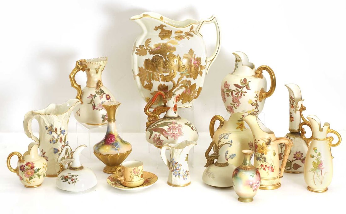 A extensive of collection Royal Worcester porcelain,: A extensive of collection Royal Worcester porcelain, various dates, mostly blush ivory, two painted vases, one of trumpet vase, together with a water jug of another maker, all decorated with a